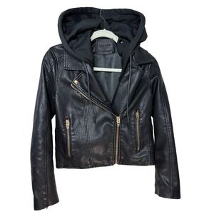Blank NYC Women Black Faux Leather Moto Jacket Removable Hood Gold Zip Small